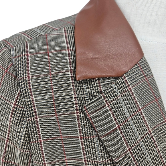 Steve Madden Oversized Blazer Brown Plaid Faux Leather 2 Button Jacket Medium - Picture 4 of 9